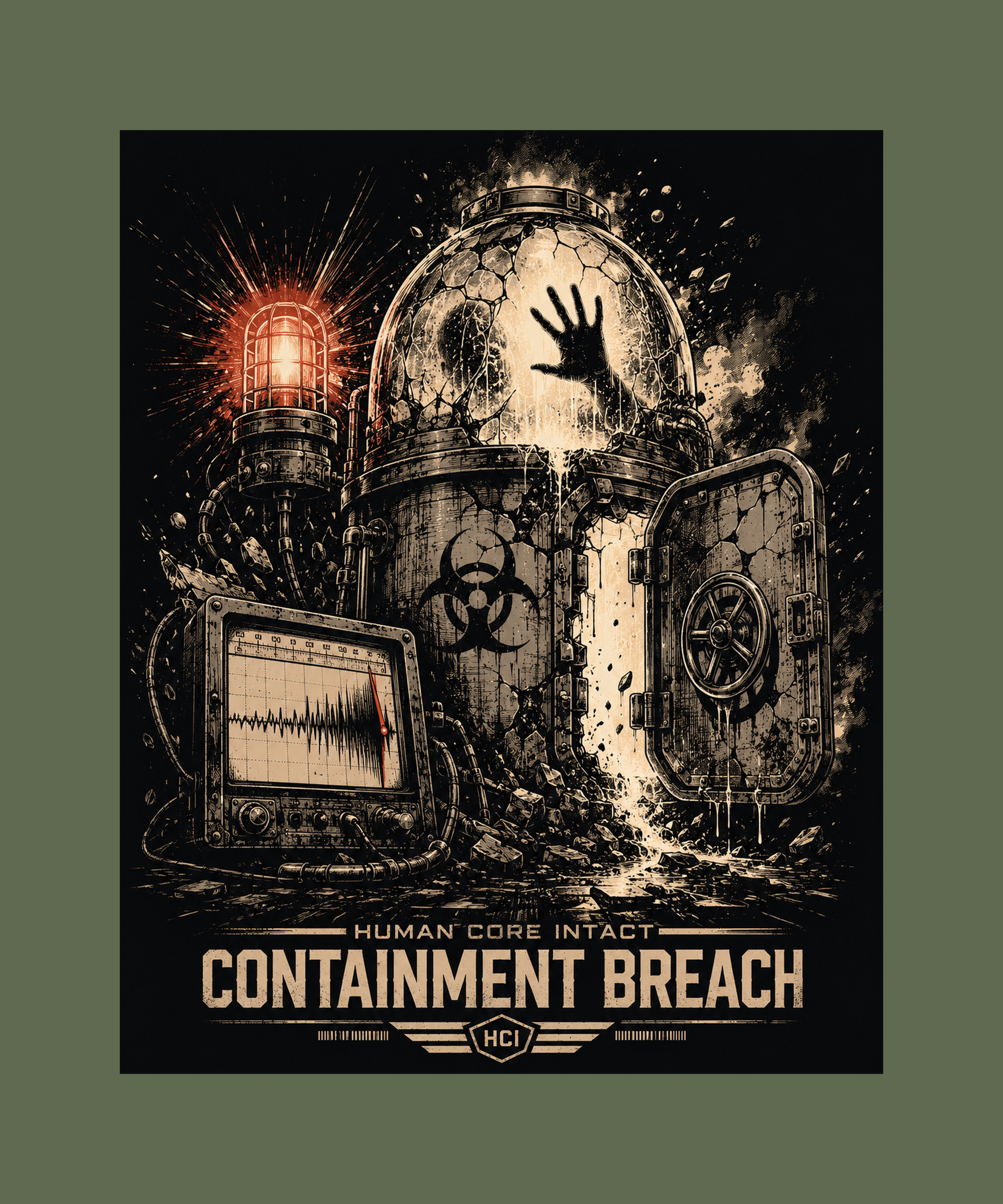 Containment Breach poster tee — military green