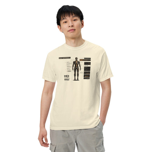 Built Different heavyweight tee worn by model, front — ivory, Human Core Intact HC//014