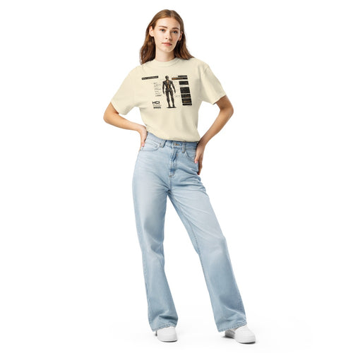 Built Different heavyweight tee worn by model, full length — ivory, Human Core Intact HC//014