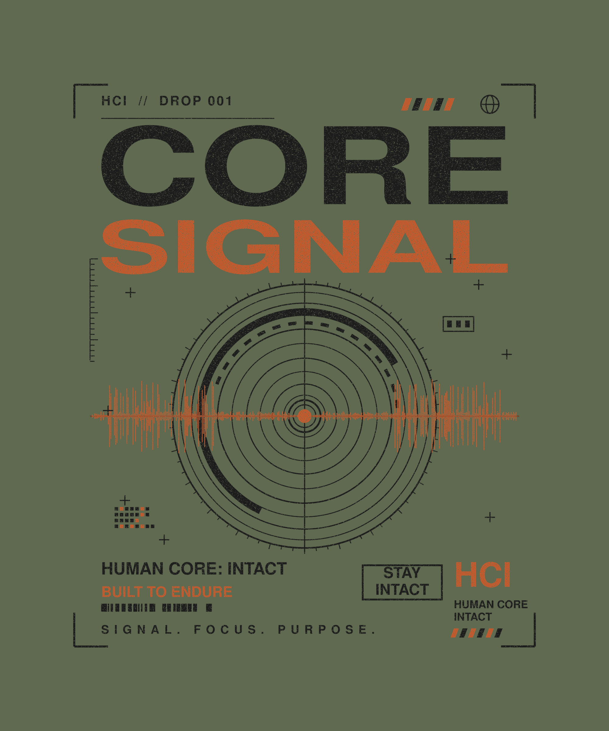 Core Signal tee back print on military green — Human Core Intact Drop 001