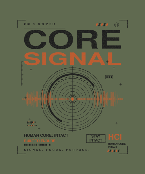 Core Signal tee back print on military green — Human Core Intact Drop 001