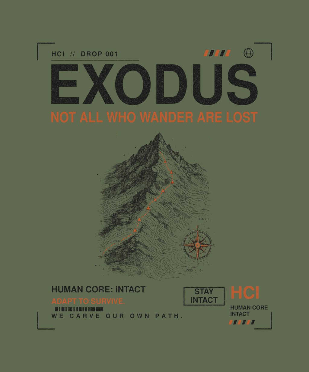 Exodus tee back print on military green — Human Core Intact Drop 001