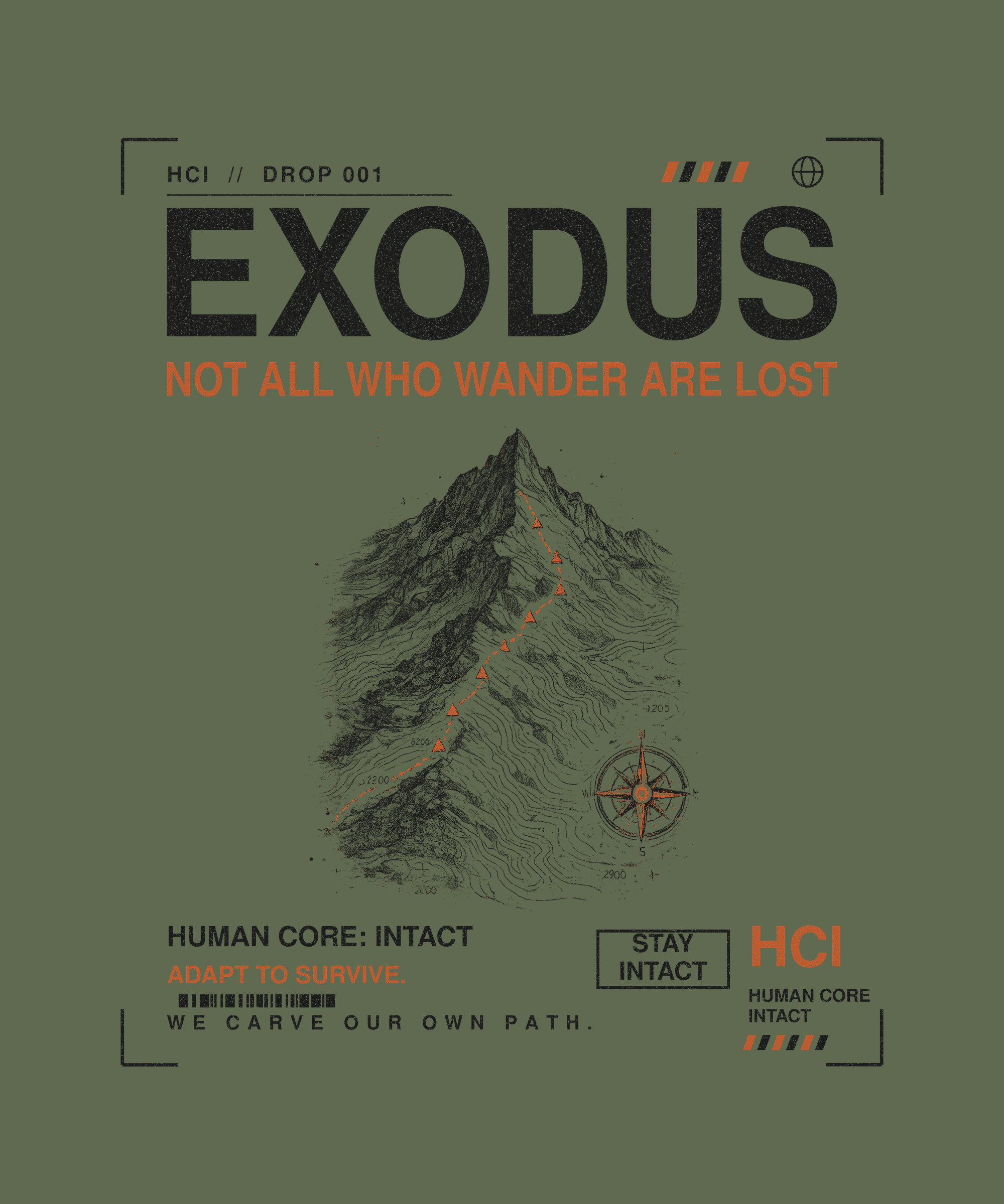 Exodus tee back print on military green — Human Core Intact Drop 001