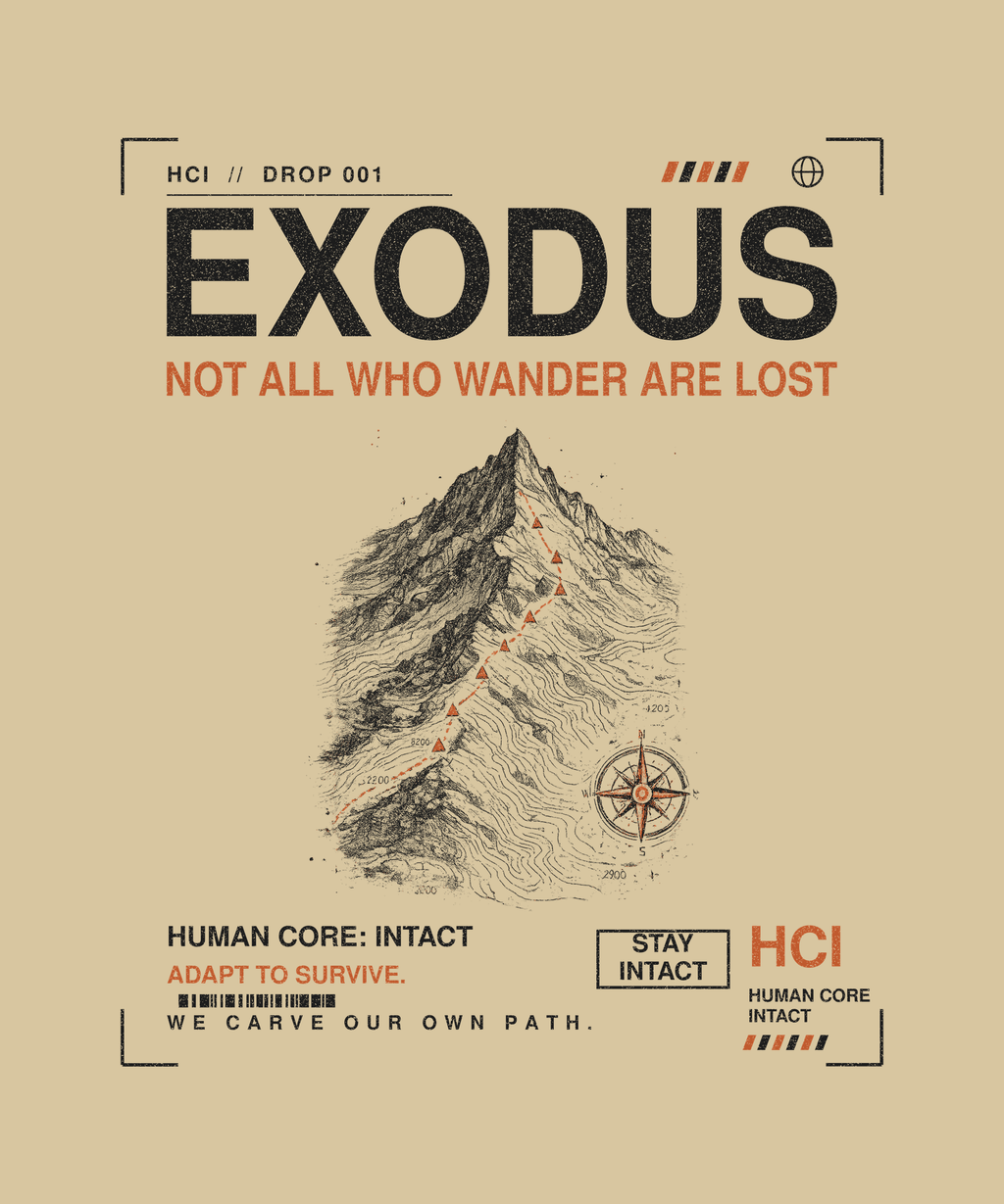 Exodus tee back print on sand — Human Core Intact Drop 001