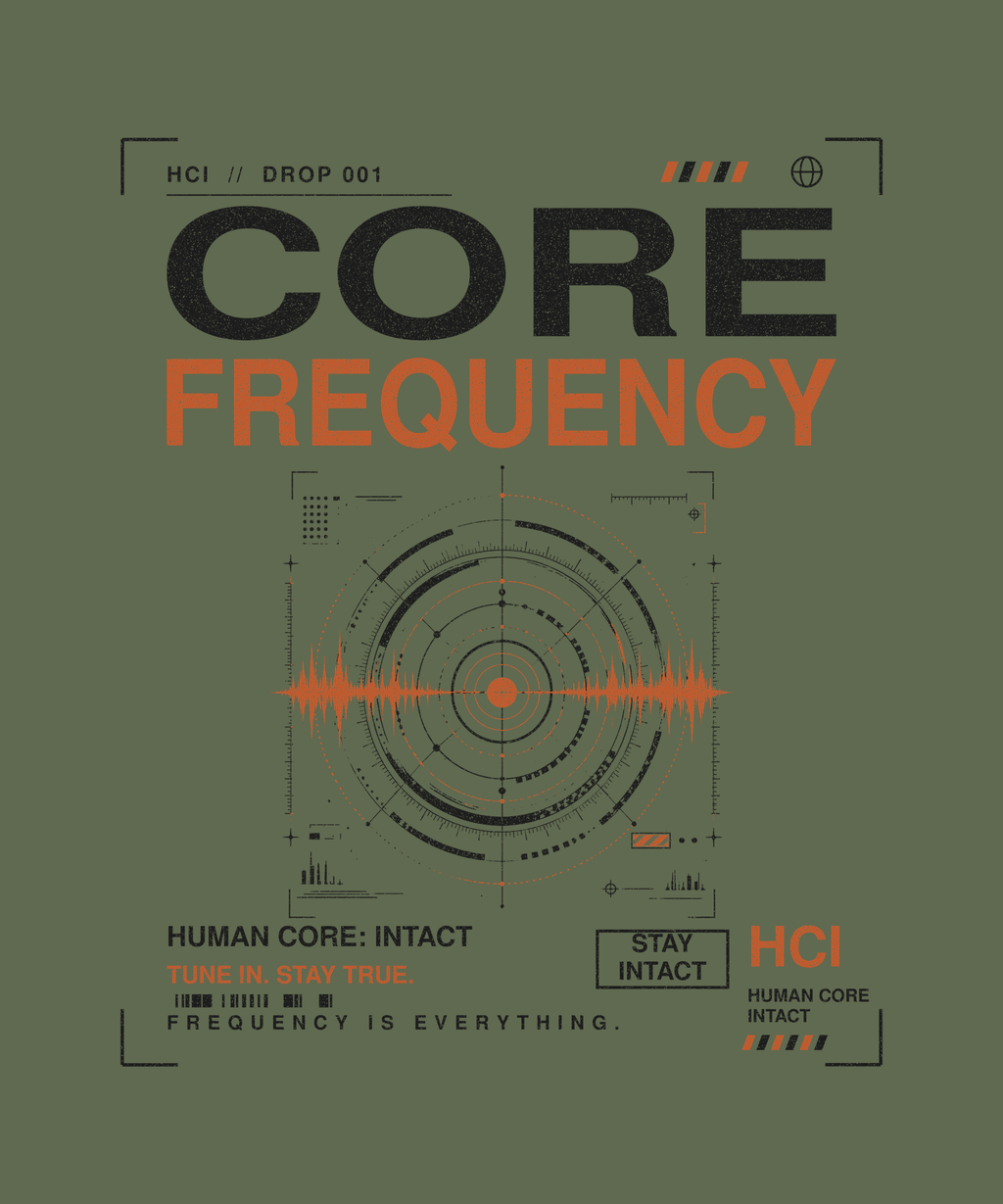Core Frequency tee back print on military green — Human Core Intact Drop 001