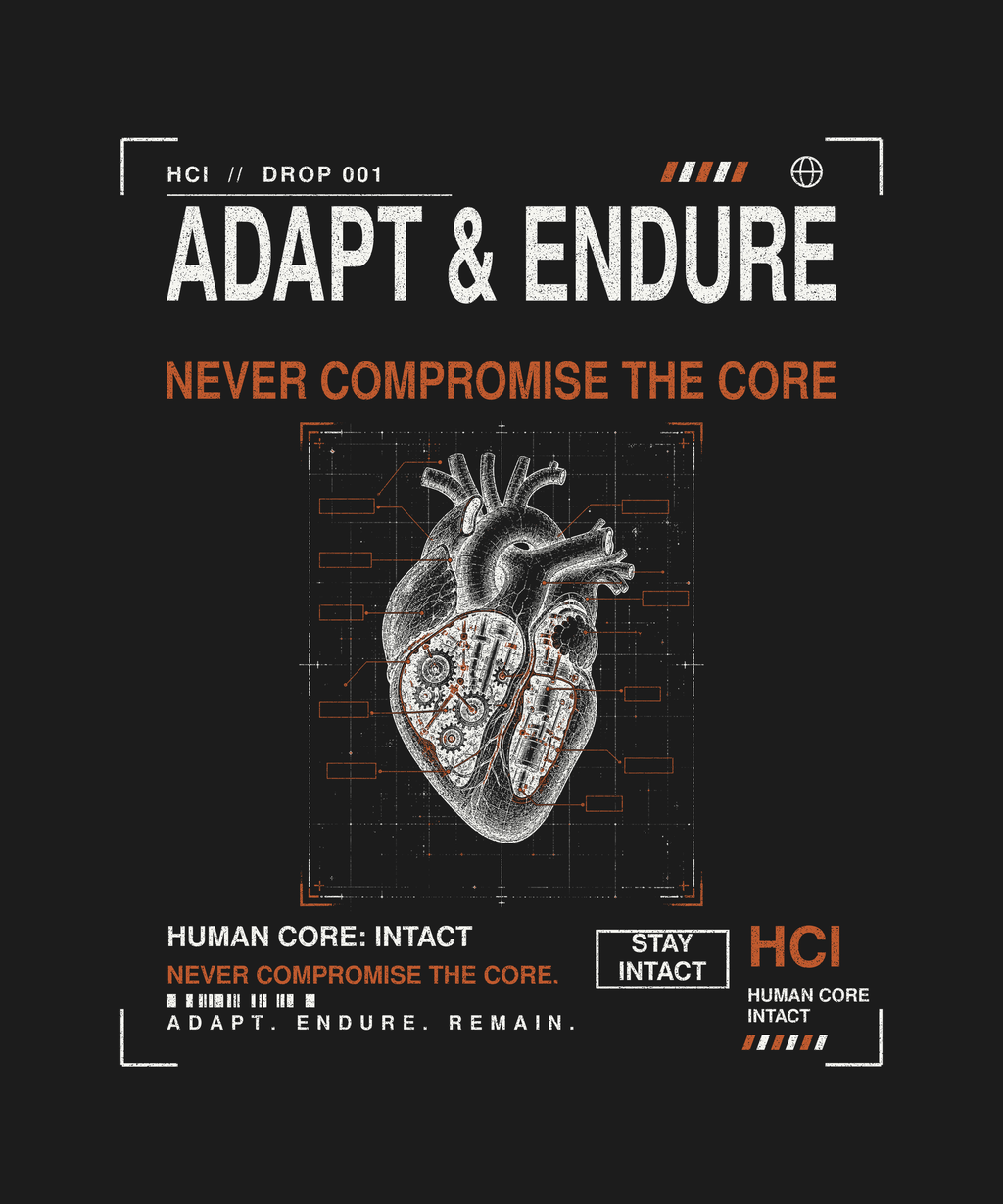 Adapt & Endure tee back print on black — Human Core Intact Drop 001