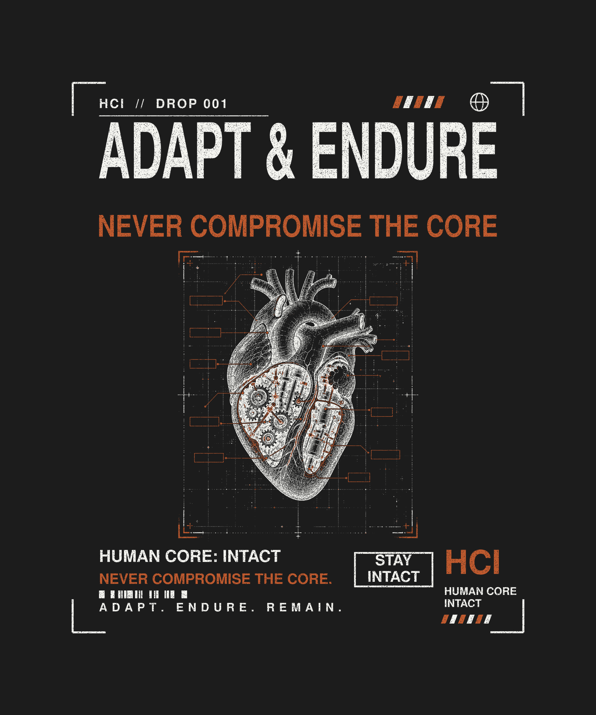 Adapt & Endure tee back print on black — Human Core Intact Drop 001