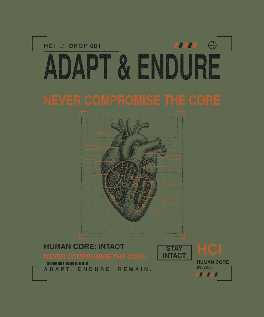 Adapt & Endure tee back print on military green — Human Core Intact Drop 001