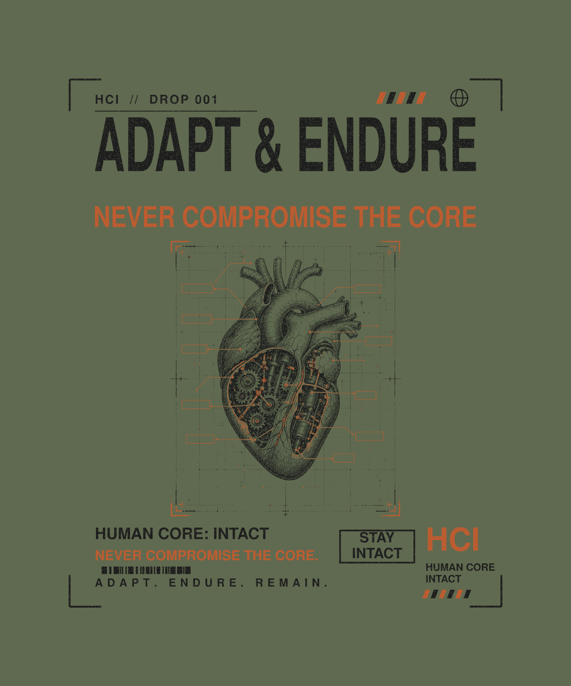 Adapt & Endure tee back print on military green — Human Core Intact Drop 001