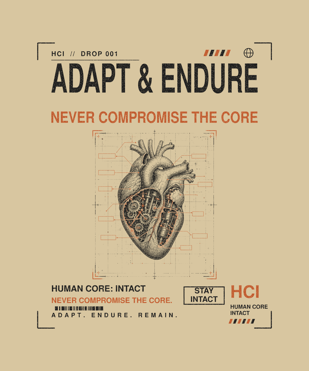 Adapt & Endure tee back print on sand — Human Core Intact Drop 001