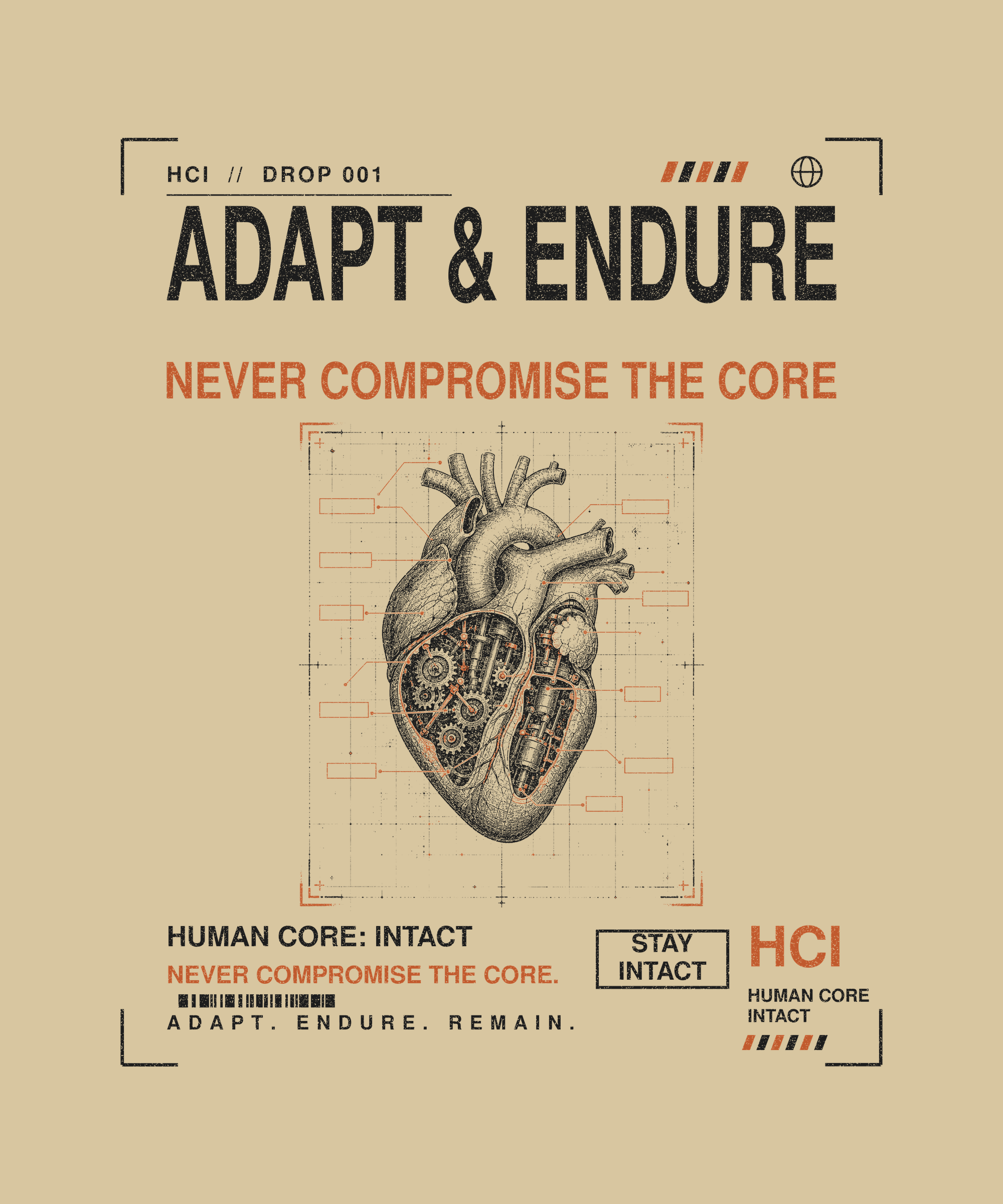Adapt & Endure tee back print on sand — Human Core Intact Drop 001
