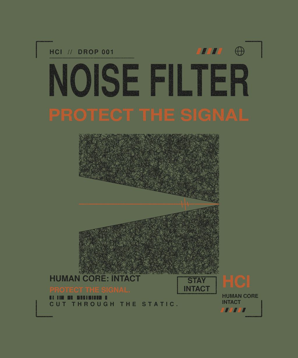 Noise Filter tee back print on military green — Human Core Intact Drop 001