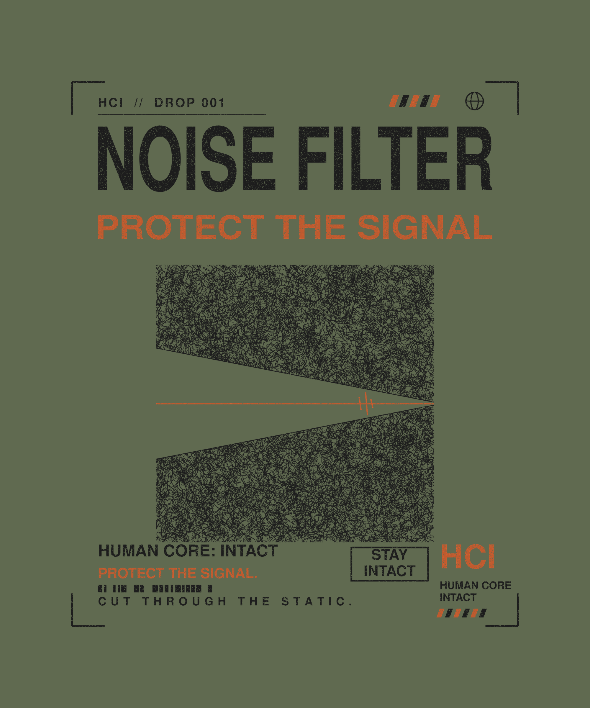 Noise Filter tee back print on military green — Human Core Intact Drop 001