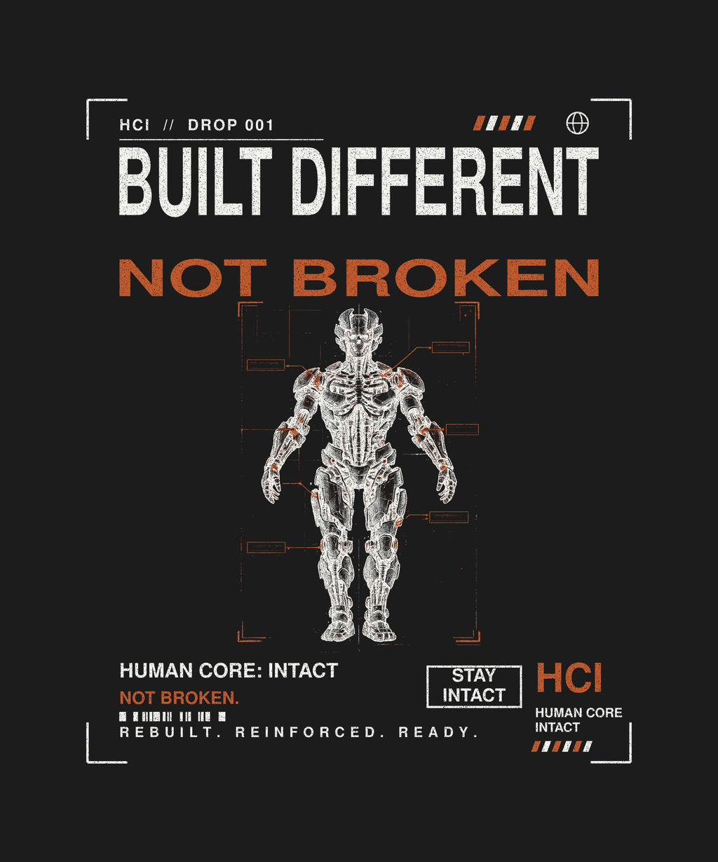 Built Different tee back print on black — Human Core Intact Drop 001