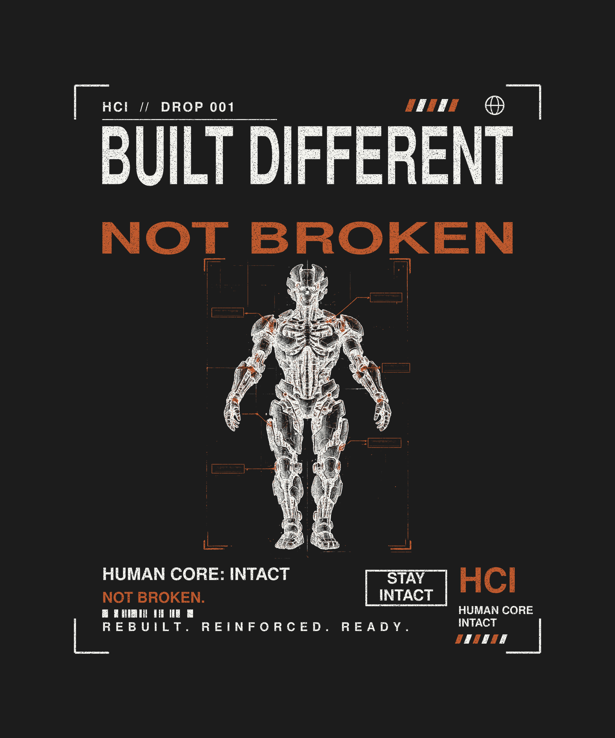 Built Different tee back print on black — Human Core Intact Drop 001