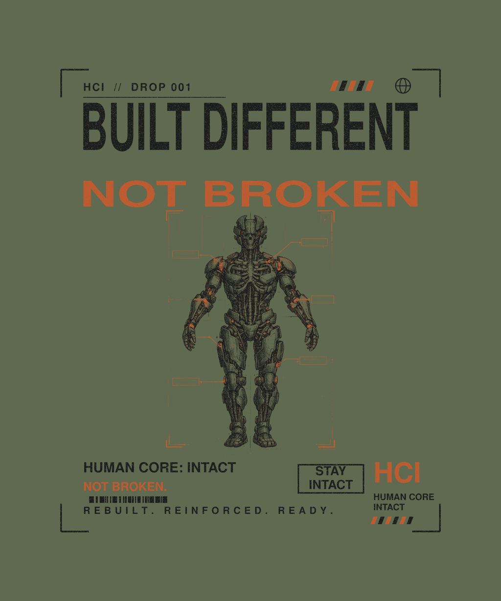 Built Different tee back print on military green — Human Core Intact Drop 001