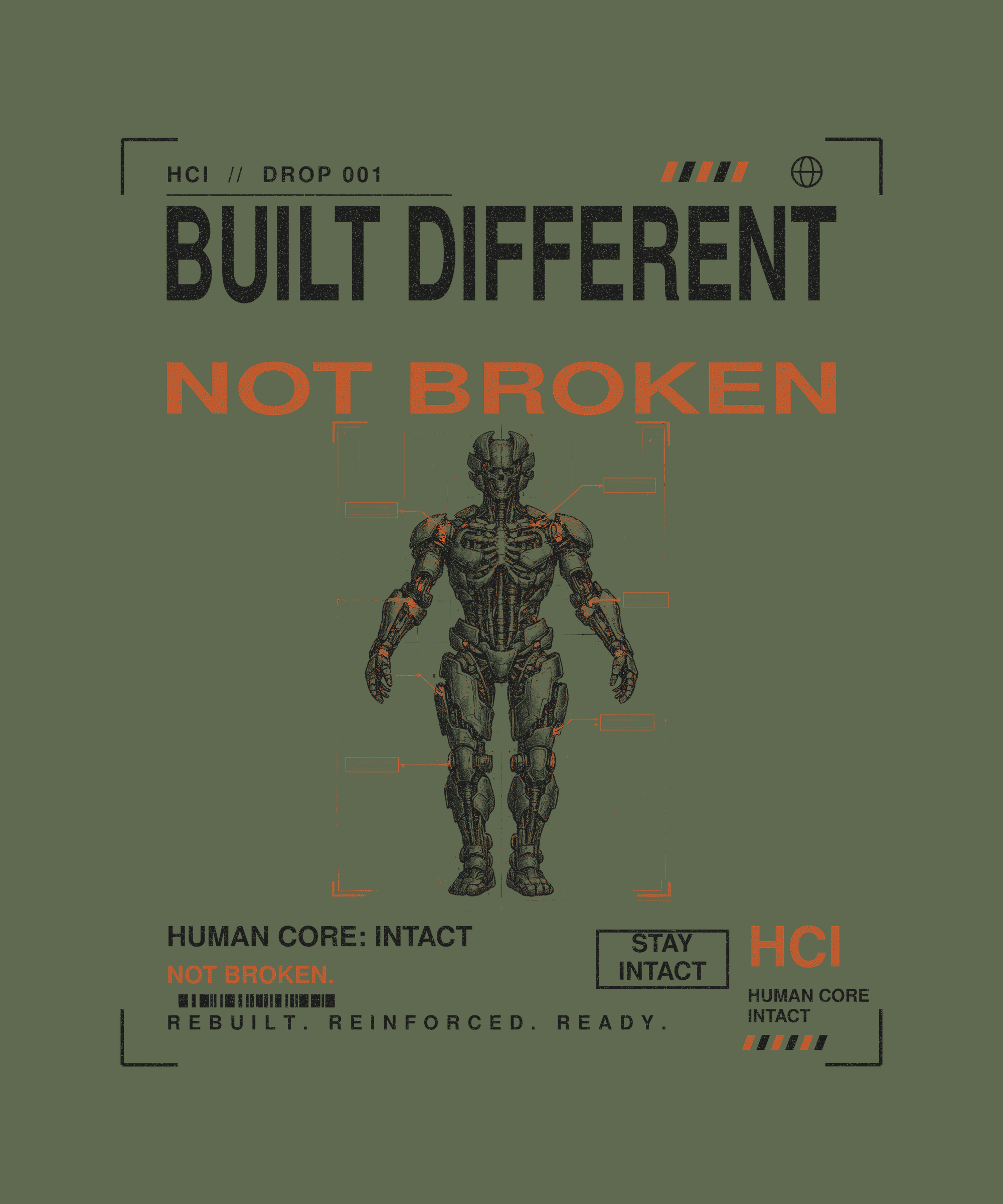 Built Different tee back print on military green — Human Core Intact Drop 001