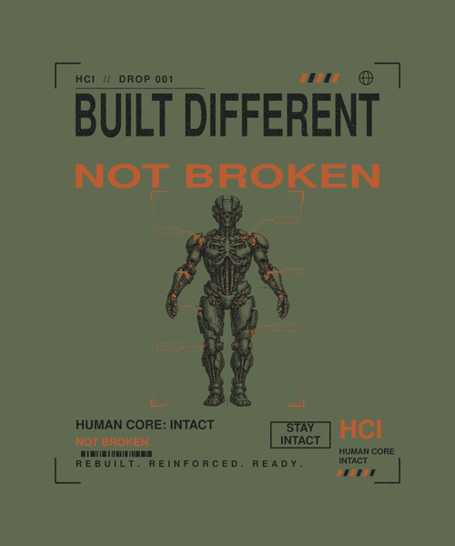 Built Different tee back print on military green — Human Core Intact Drop 001