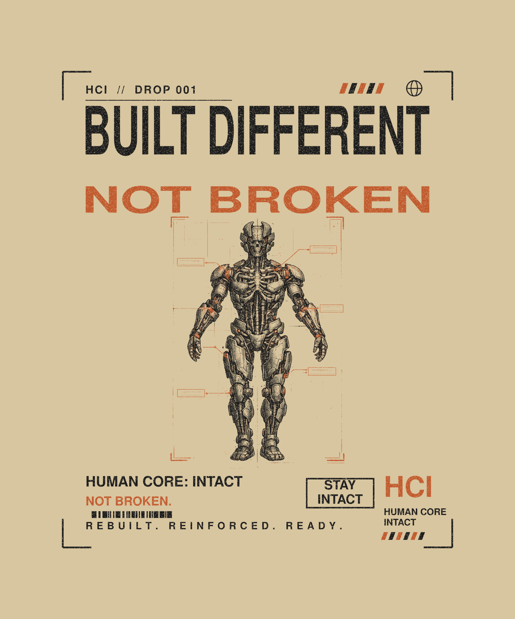 Built Different tee back print on sand — Human Core Intact Drop 001