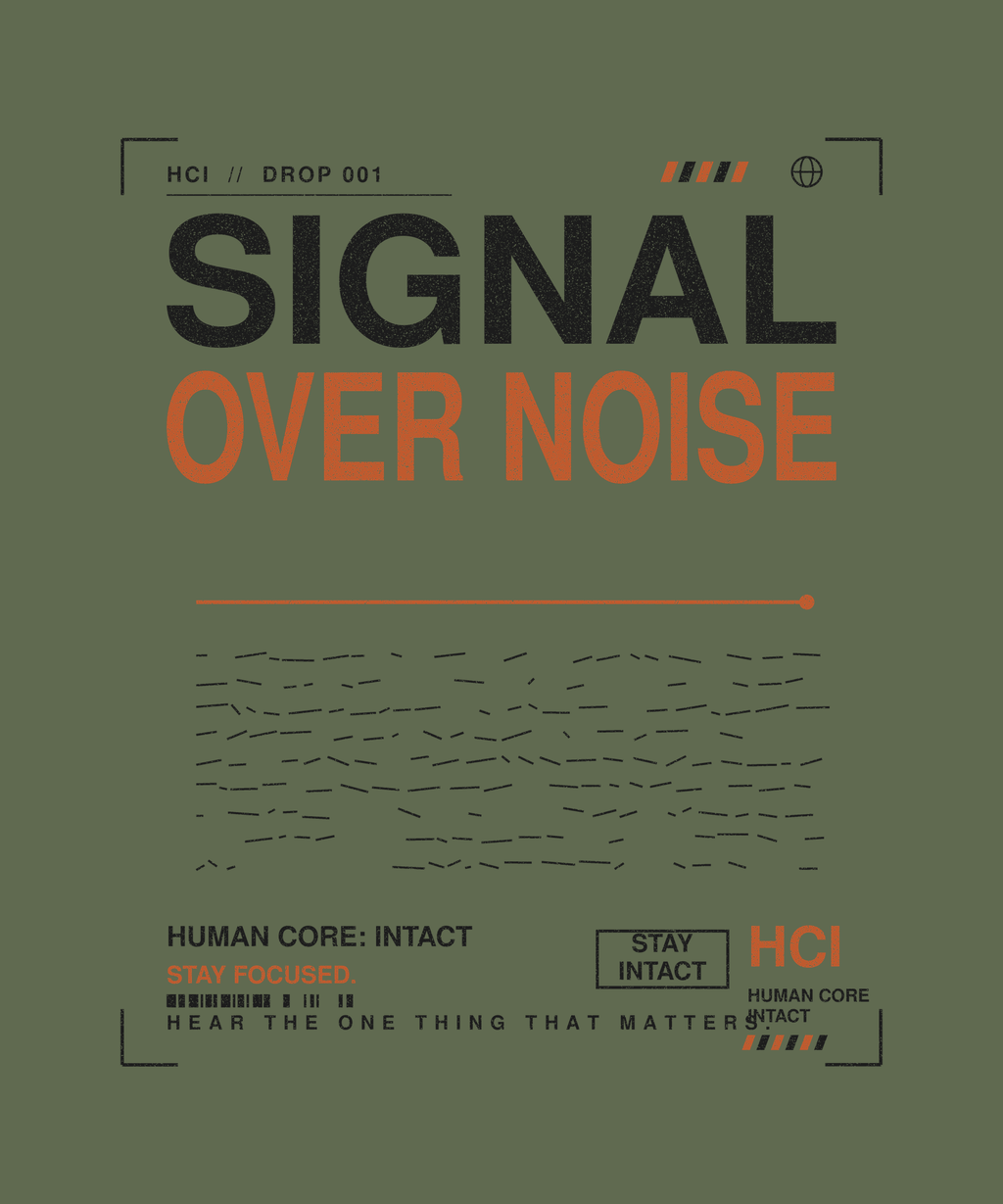 Signal Over Noise tee back print on military green — Human Core Intact Drop 001