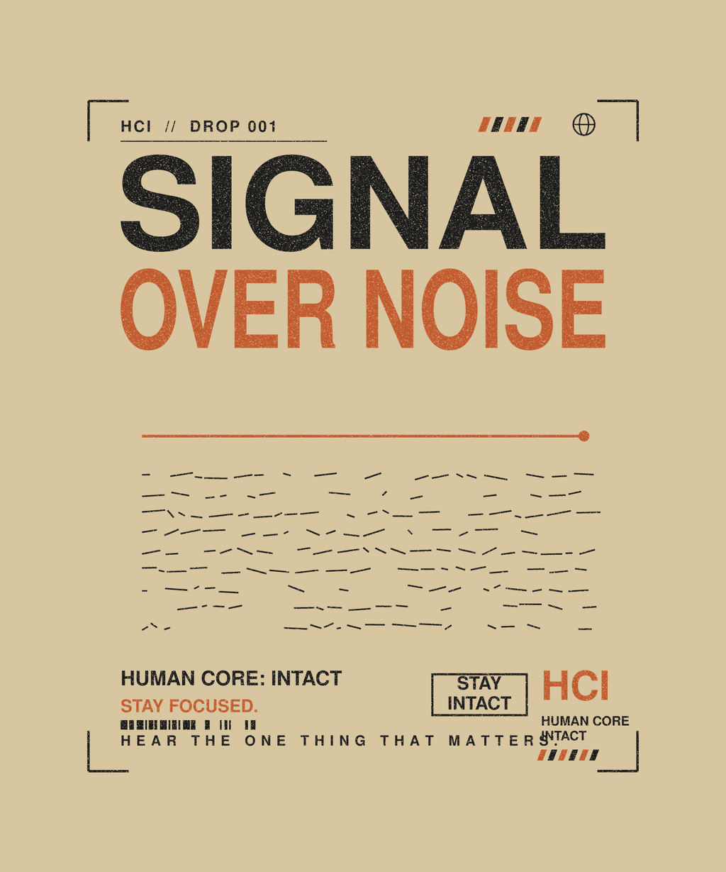 Signal Over Noise tee back print on sand — Human Core Intact Drop 001