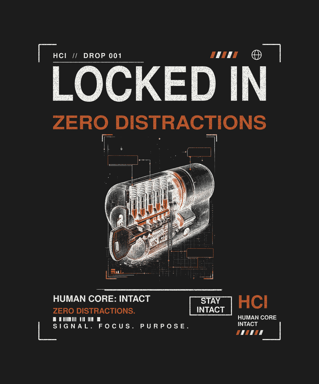Locked In tee back print on black — Human Core Intact Drop 001