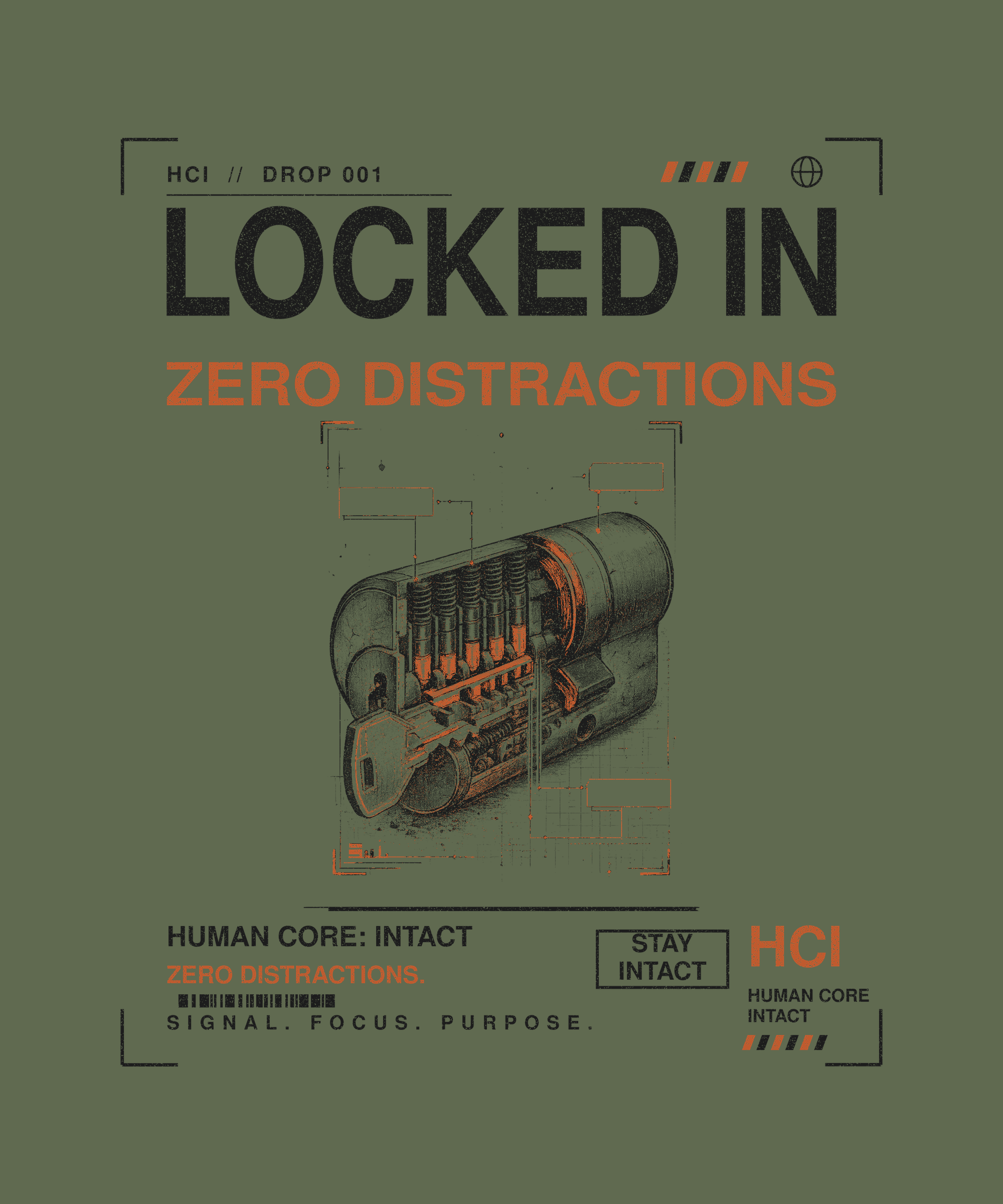 Locked In tee back print on military green — Human Core Intact Drop 001