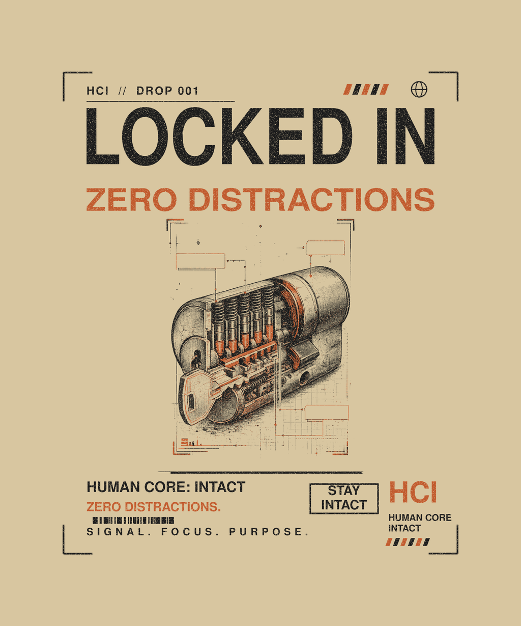 Locked In tee back print on sand — Human Core Intact Drop 001