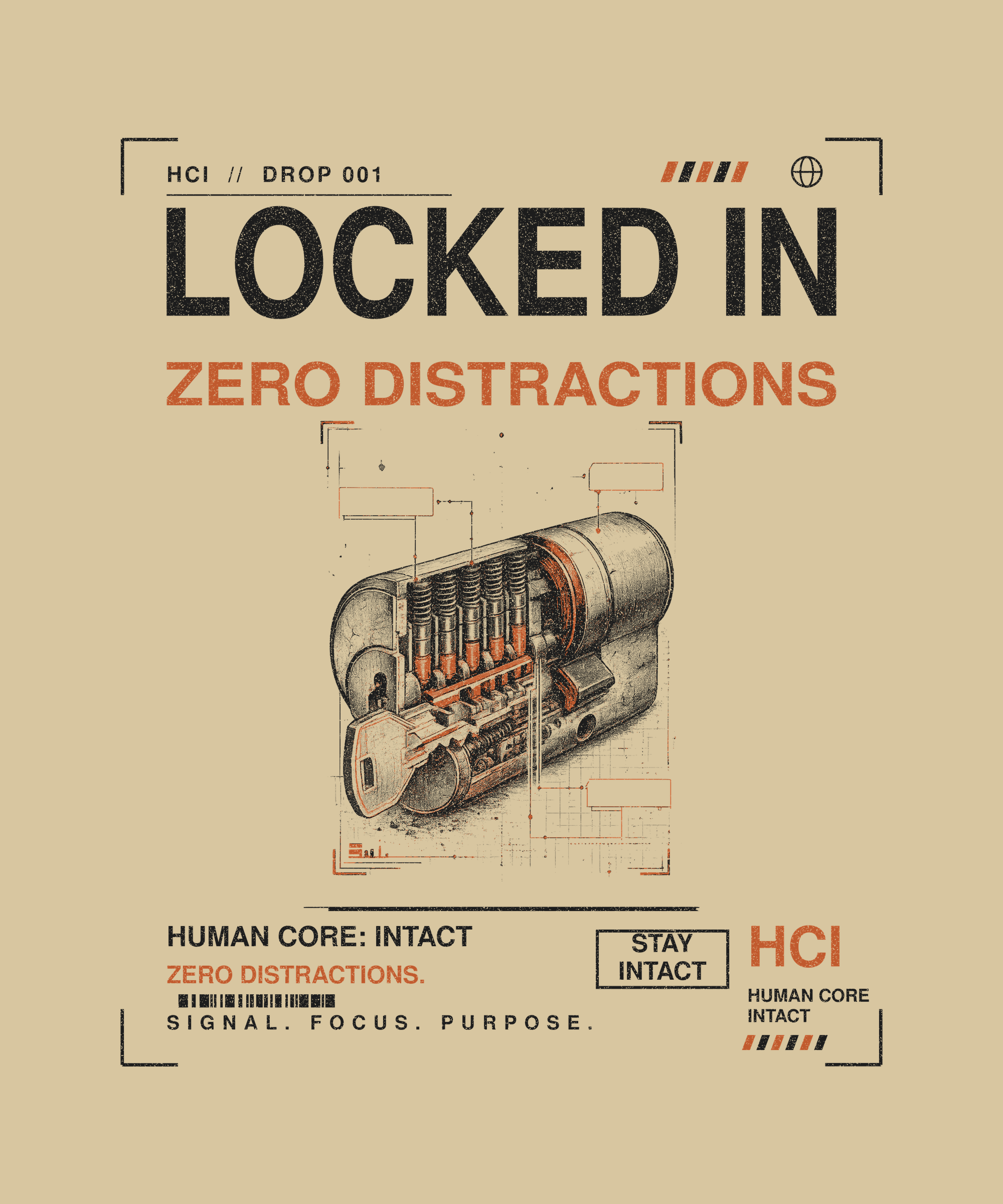 Locked In tee back print on sand — Human Core Intact Drop 001