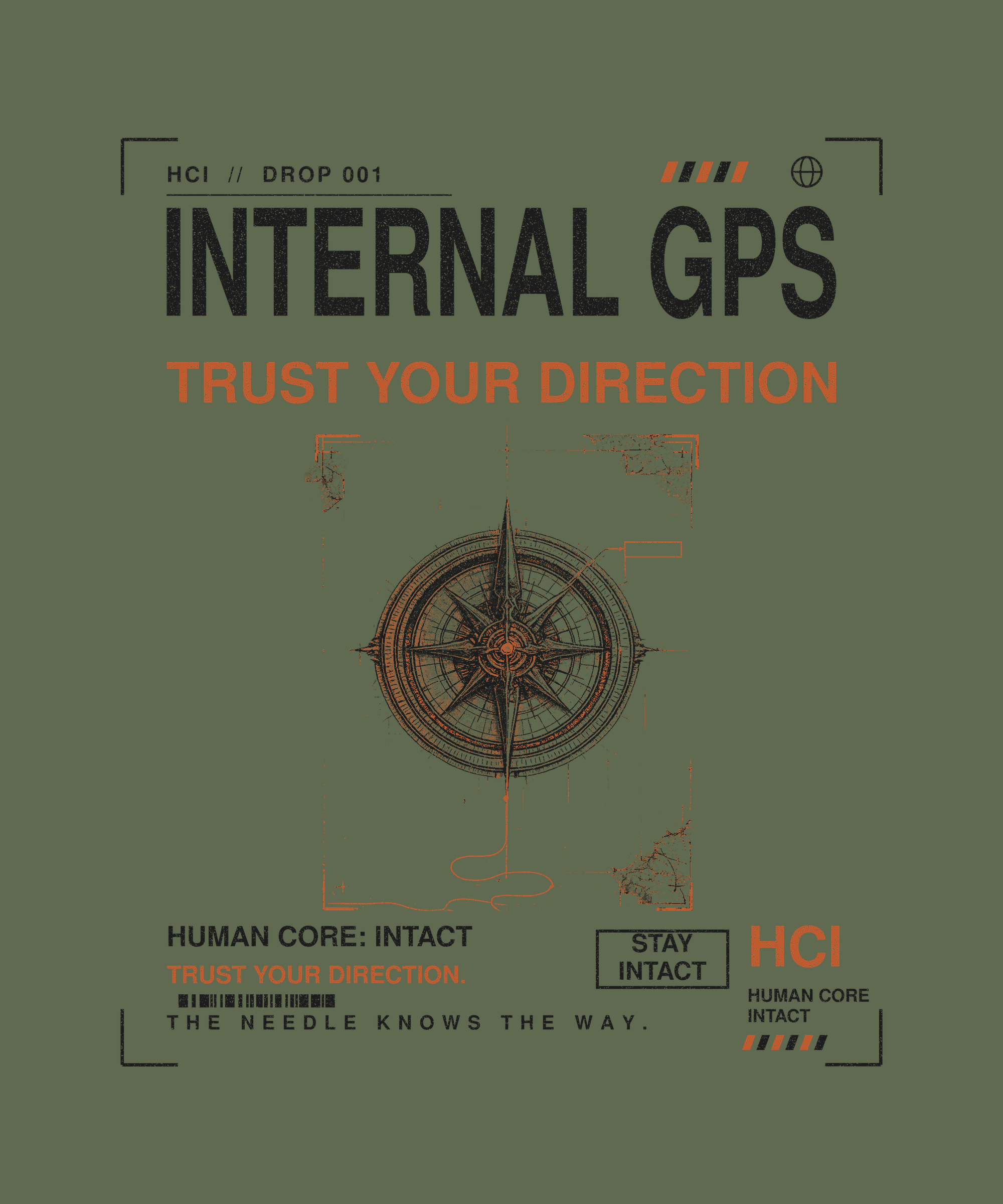 Internal GPS tee back print on military green — Human Core Intact Drop 001