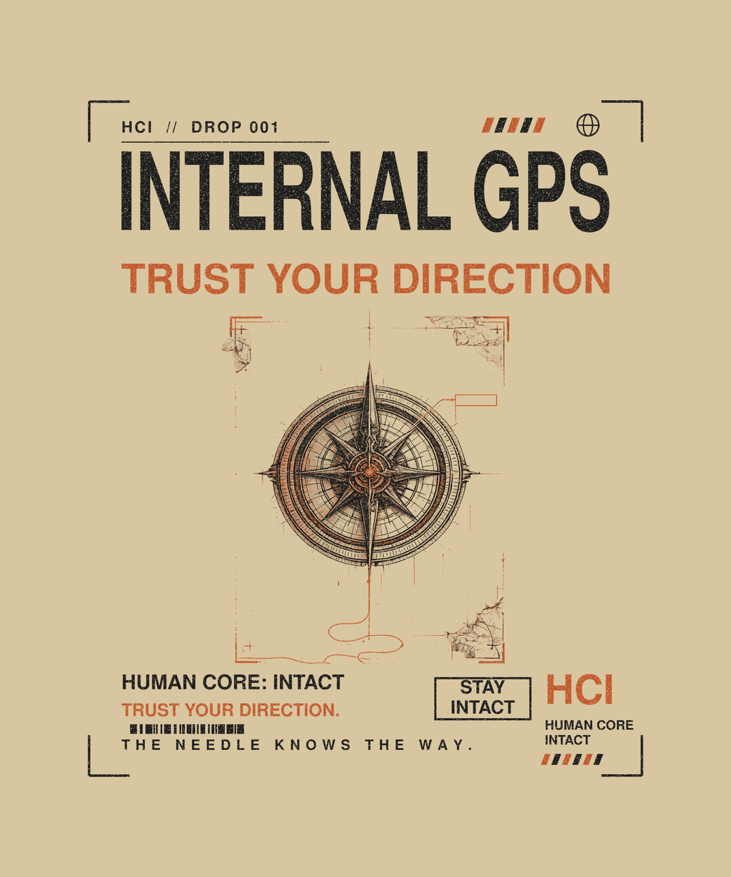 Internal GPS tee back print on sand — Human Core Intact Drop 001