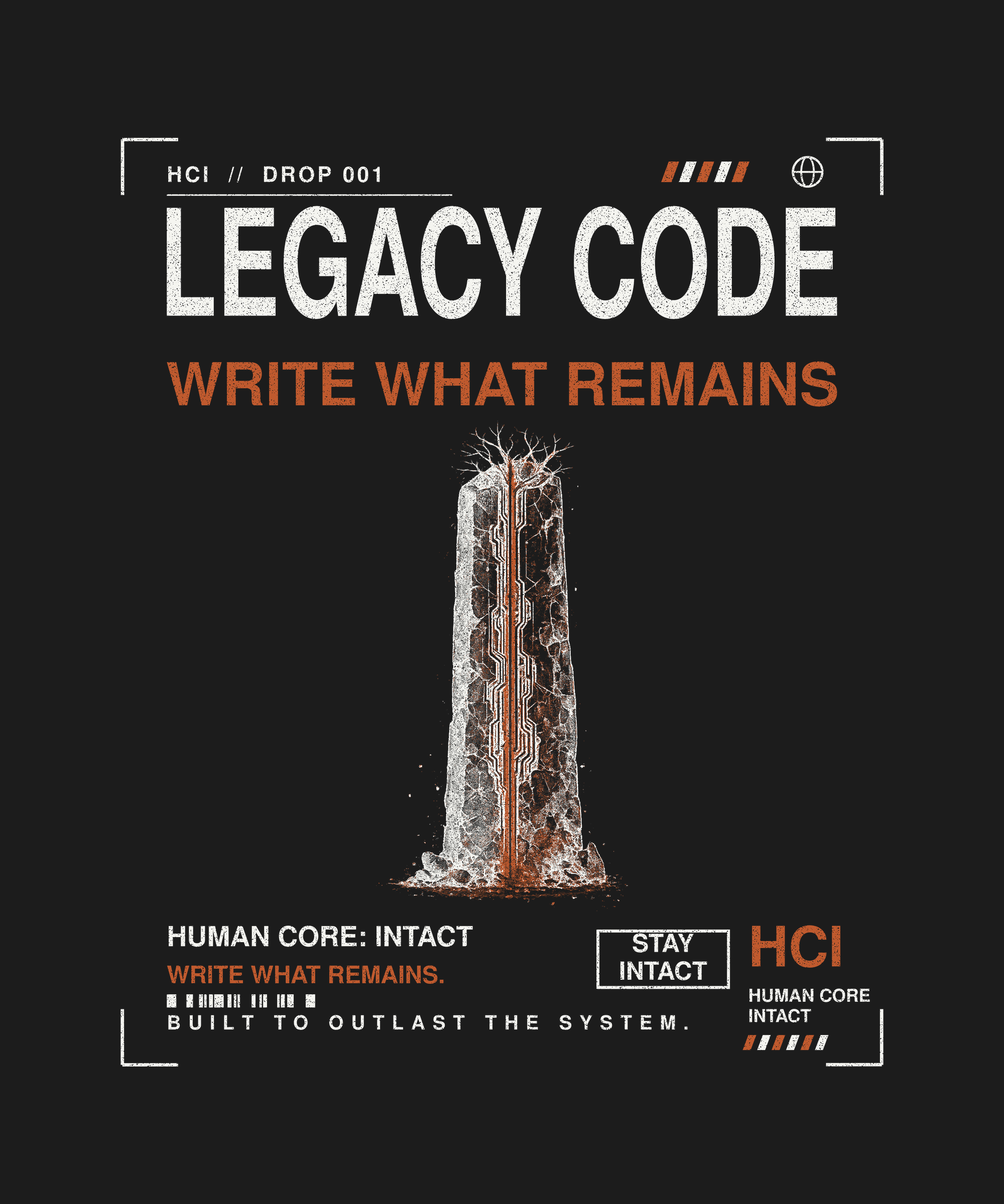 Legacy Code tee back print on black — Human Core Intact Drop 001