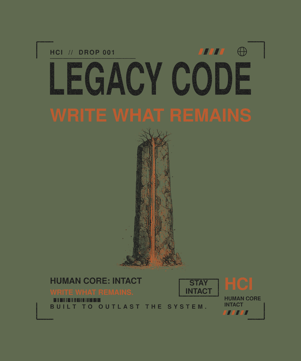 Legacy Code tee back print on military green — Human Core Intact Drop 001