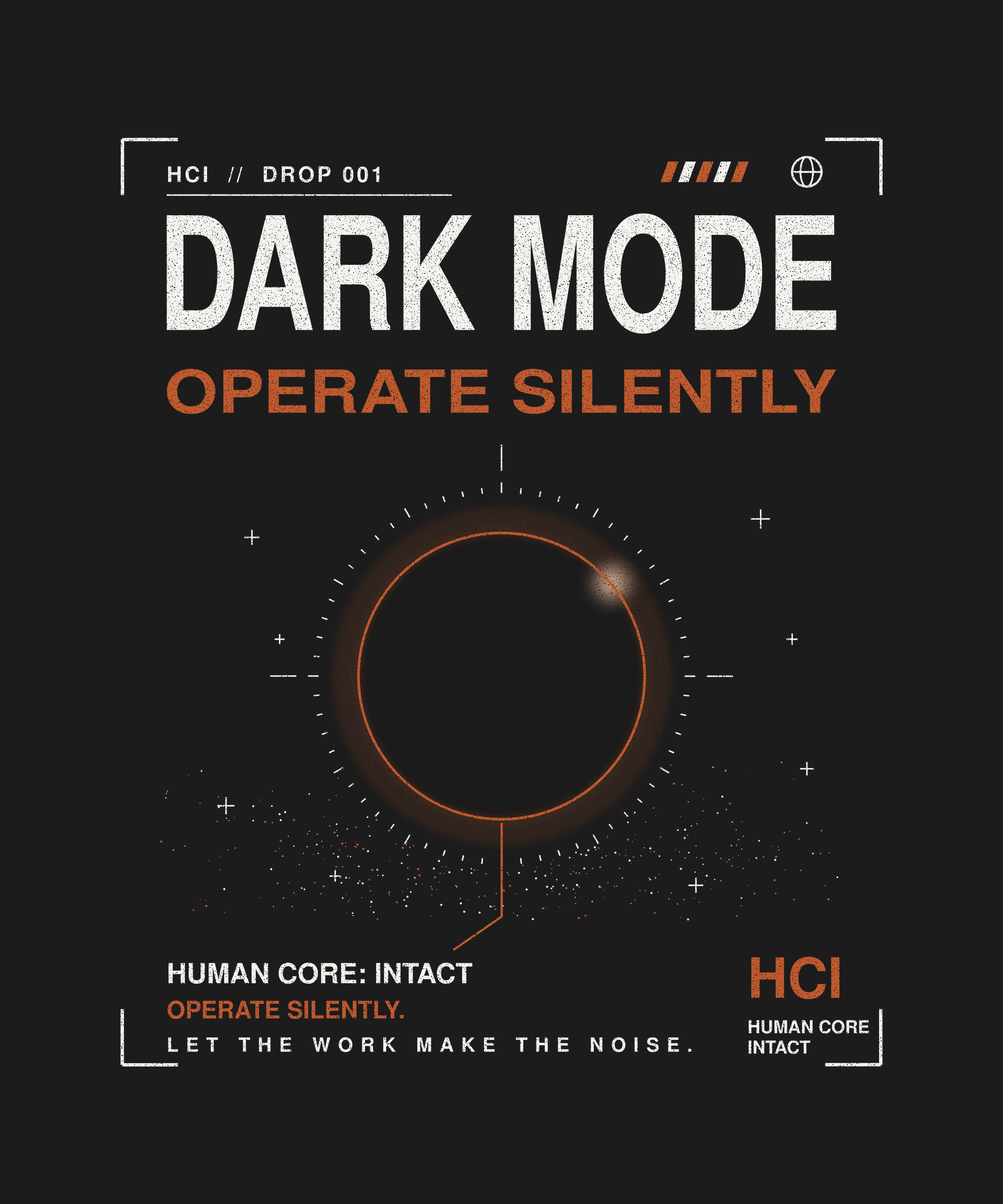 Dark Mode tee back print on black — Human Core Intact Drop 001