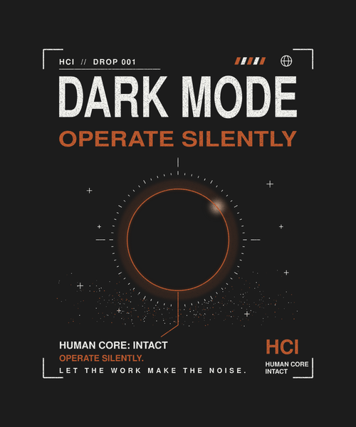 Dark Mode tee back print on black — Human Core Intact Drop 001