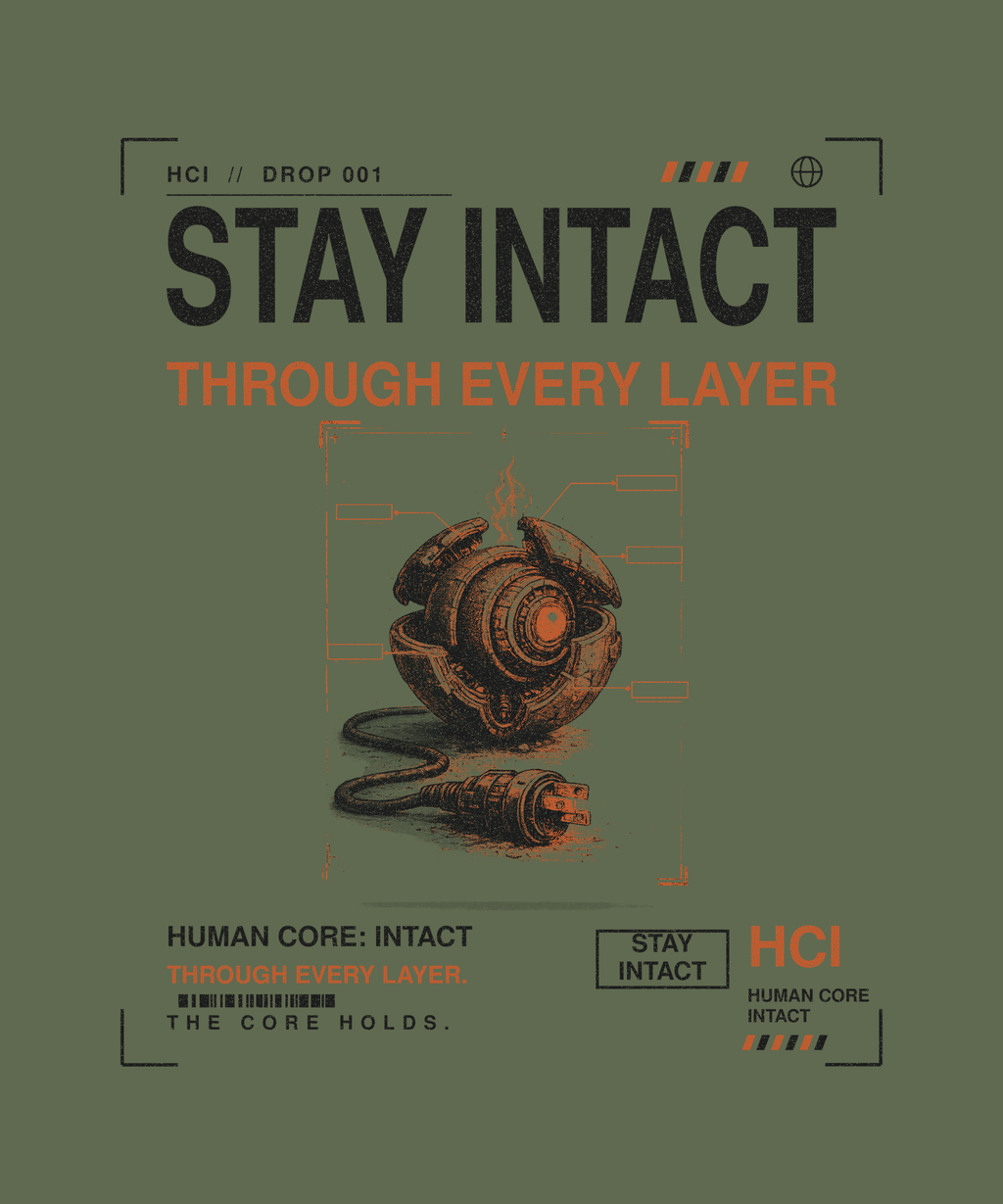 Stay Intact tee back print on military green — Human Core Intact Drop 001
