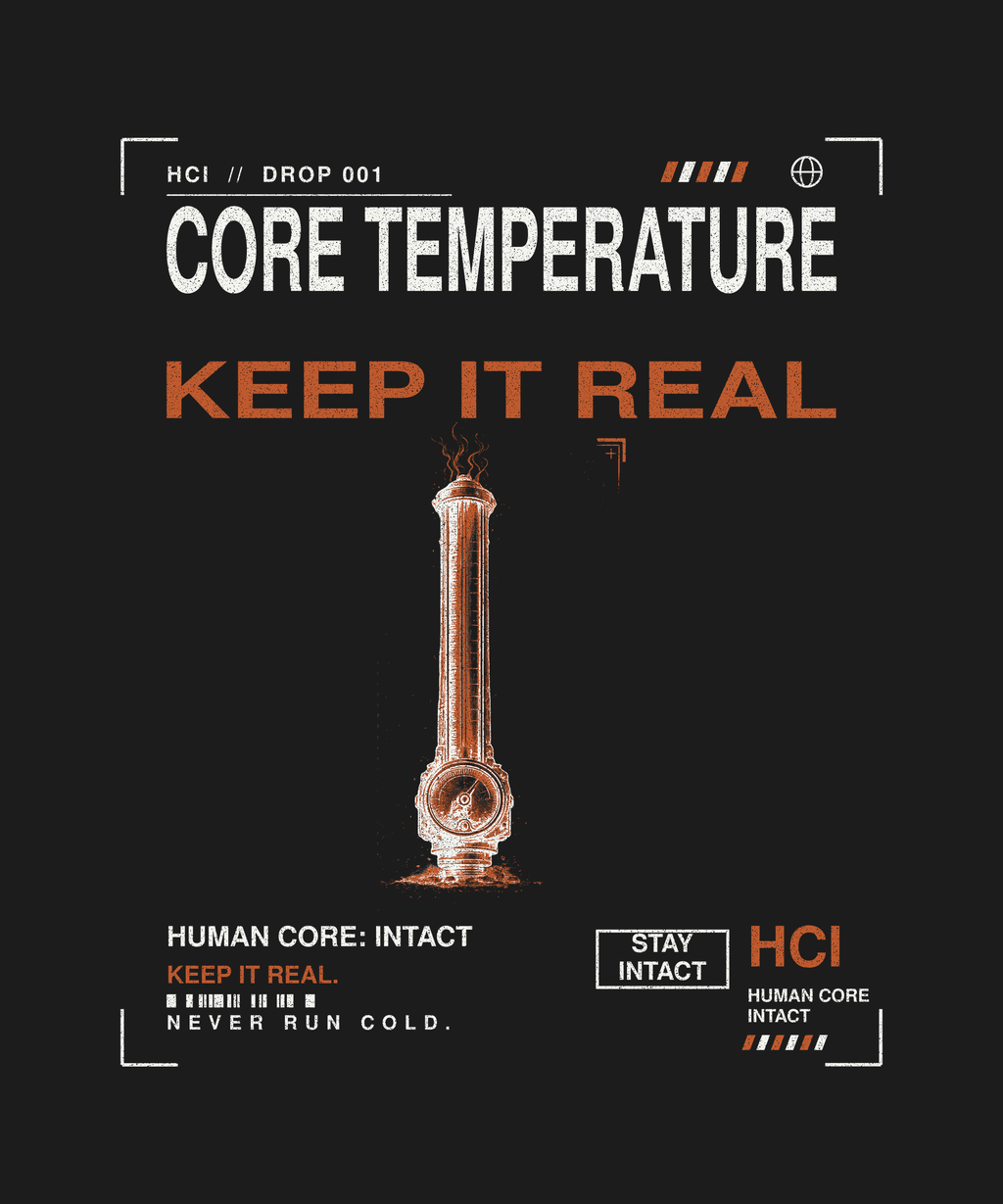 Core Temperature tee back print on black — Human Core Intact Drop 001