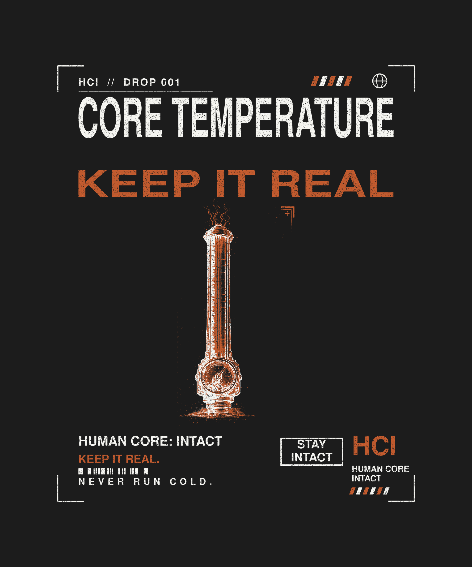 Core Temperature tee back print on black — Human Core Intact Drop 001