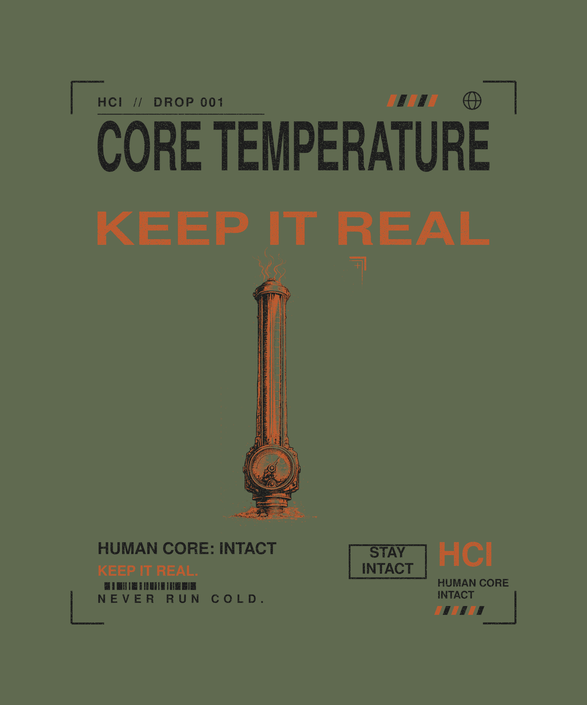 Core Temperature tee back print on military green — Human Core Intact Drop 001