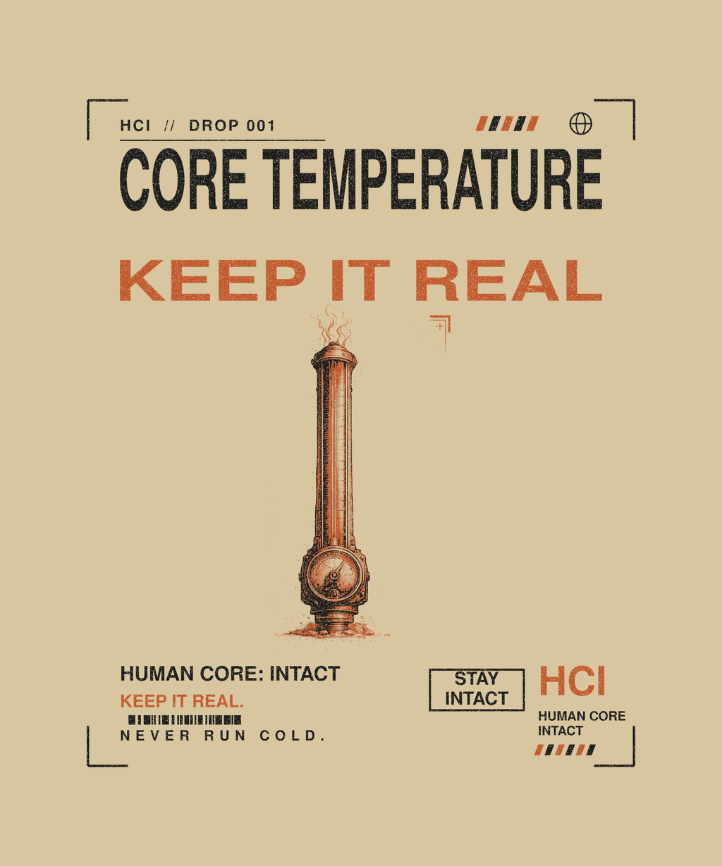 Core Temperature tee back print on sand — Human Core Intact Drop 001