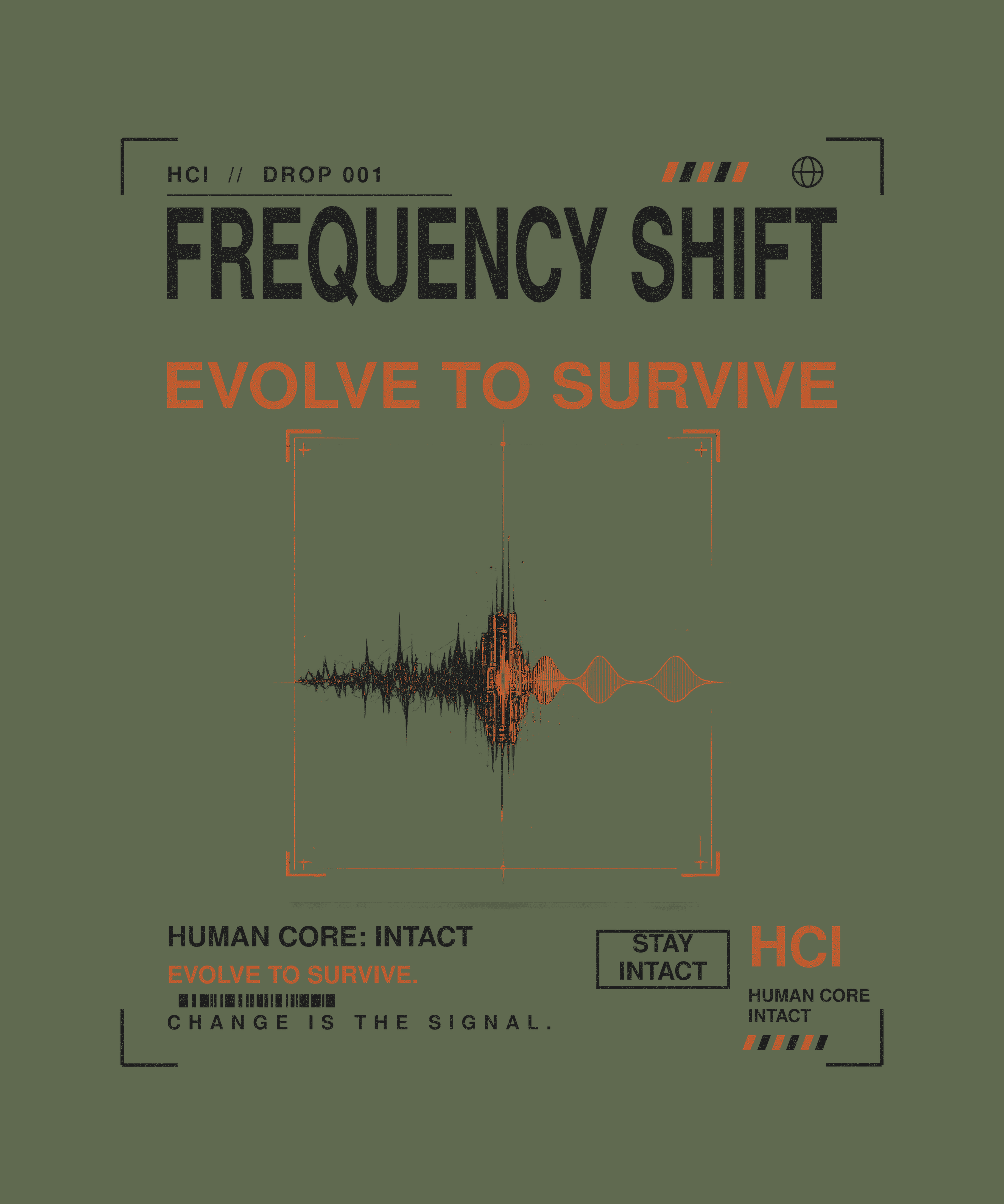 Frequency Shift tee back print on military green — Human Core Intact Drop 001
