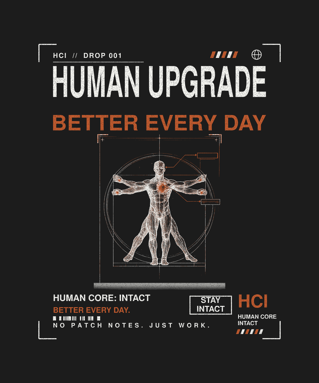 Human Upgrade tee back print on black — Human Core Intact Drop 001