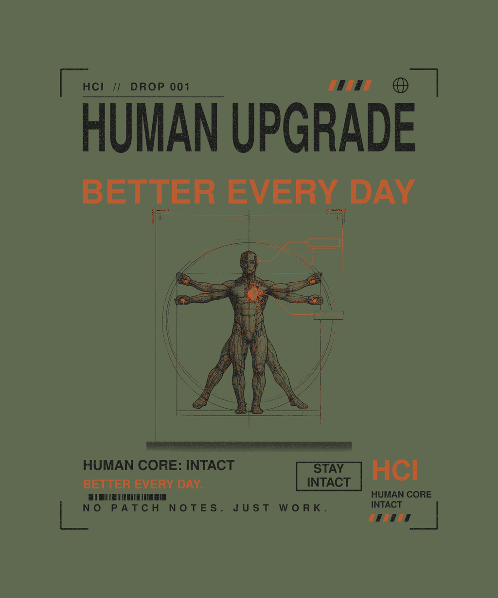Human Upgrade tee back print on military green — Human Core Intact Drop 001