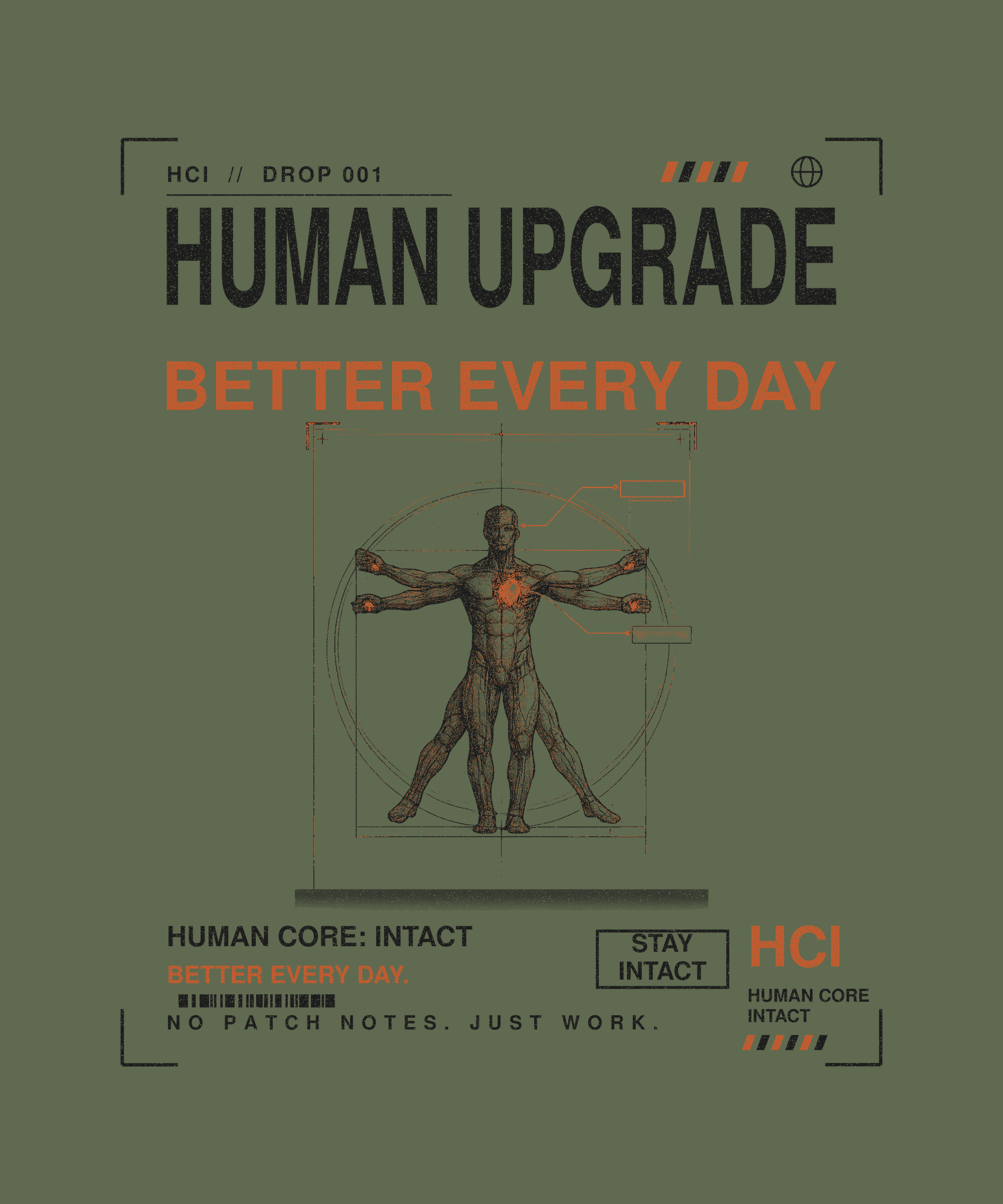 Human Upgrade tee back print on military green — Human Core Intact Drop 001