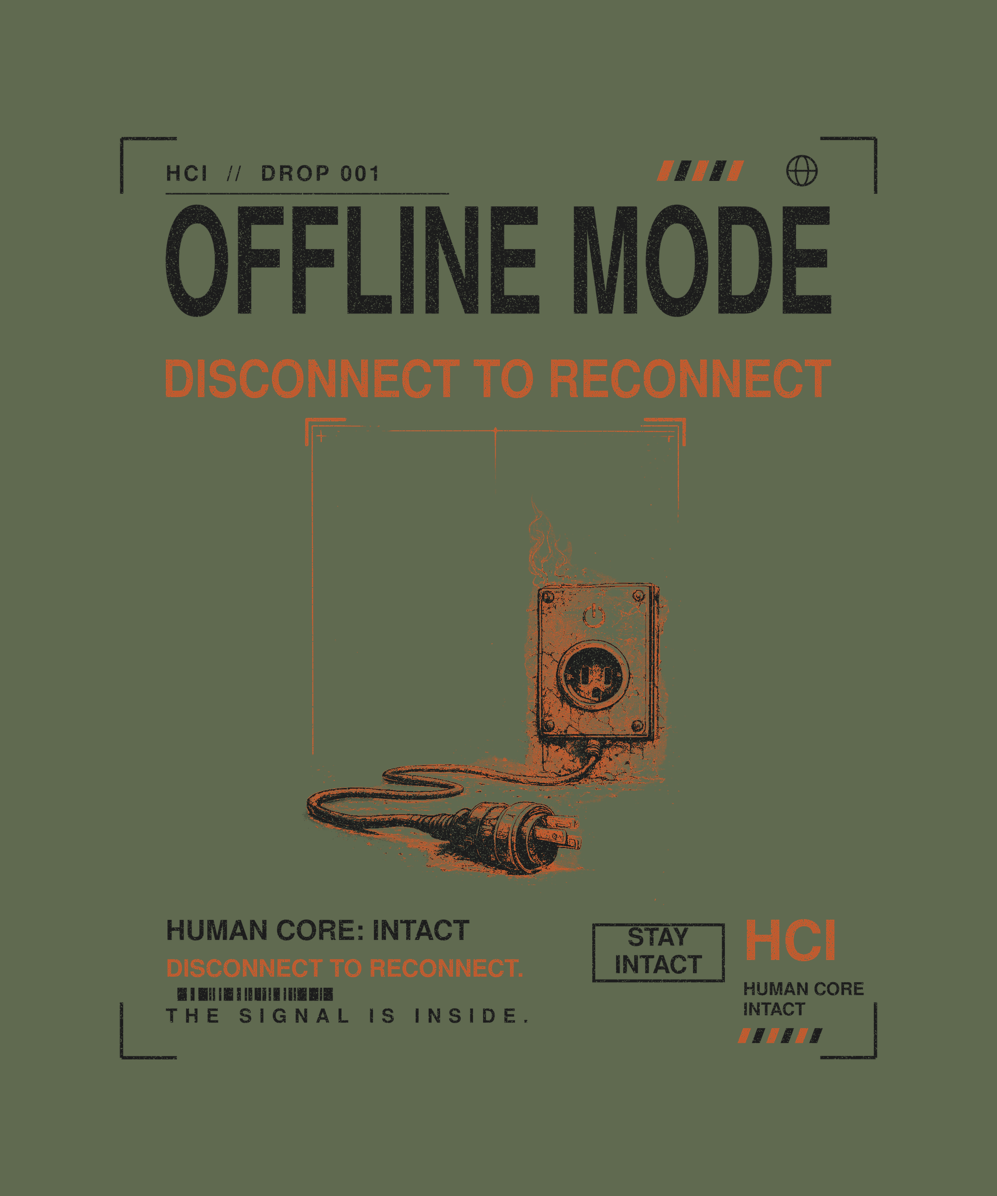 Offline Mode tee back print on military green — Human Core Intact Drop 001