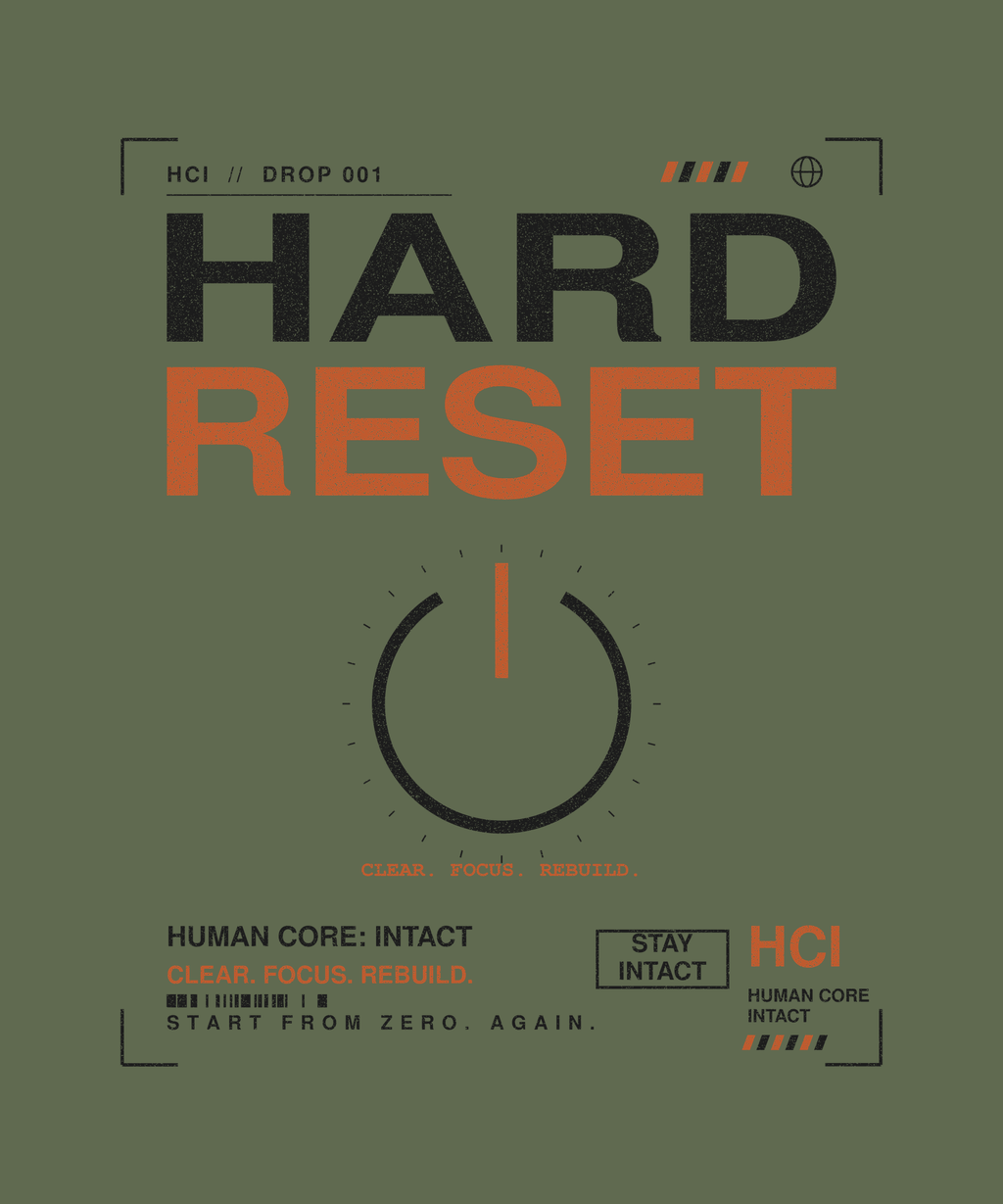 Hard Reset tee back print on military green — Human Core Intact Drop 001