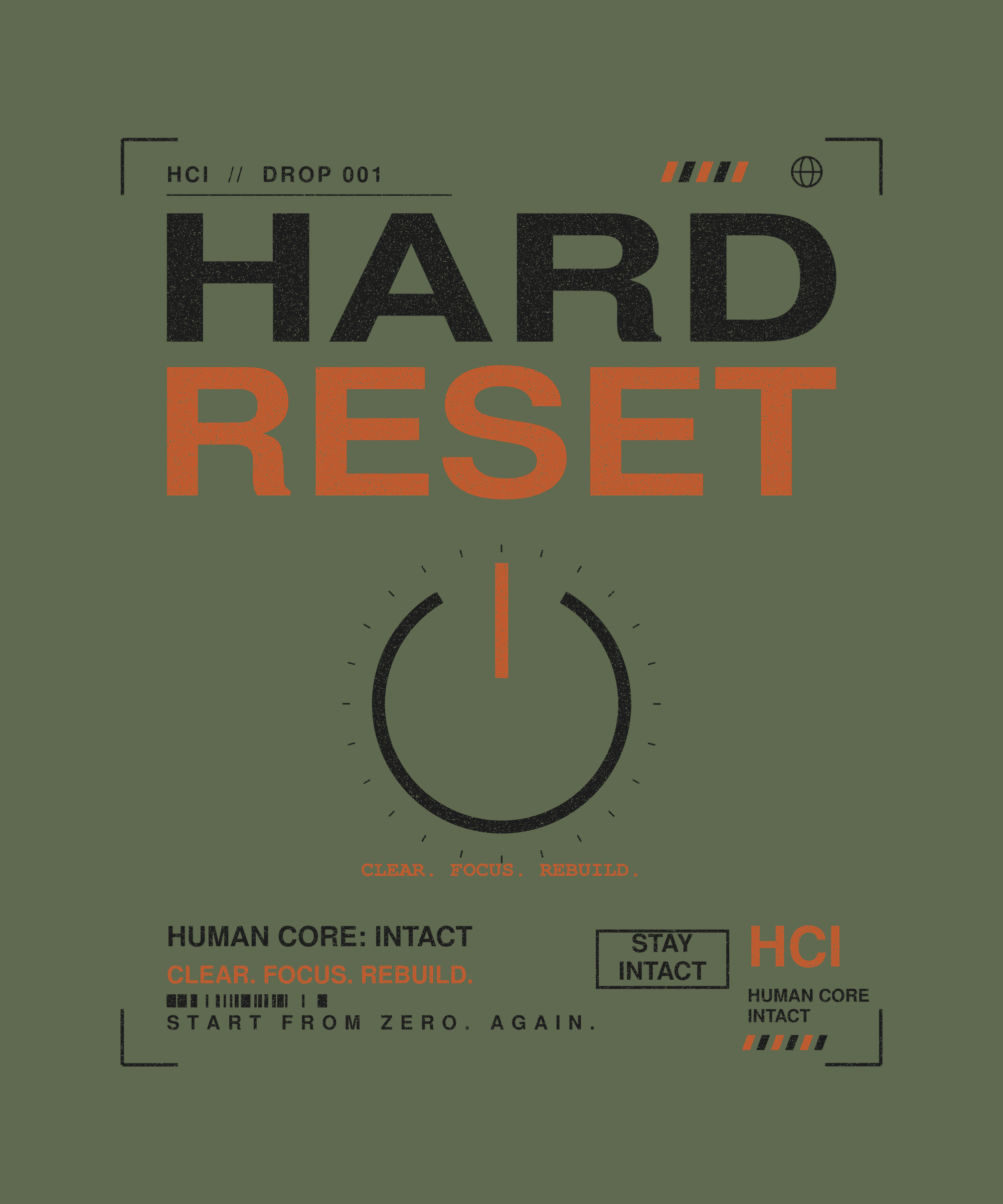 Hard Reset tee back print on military green — Human Core Intact Drop 001
