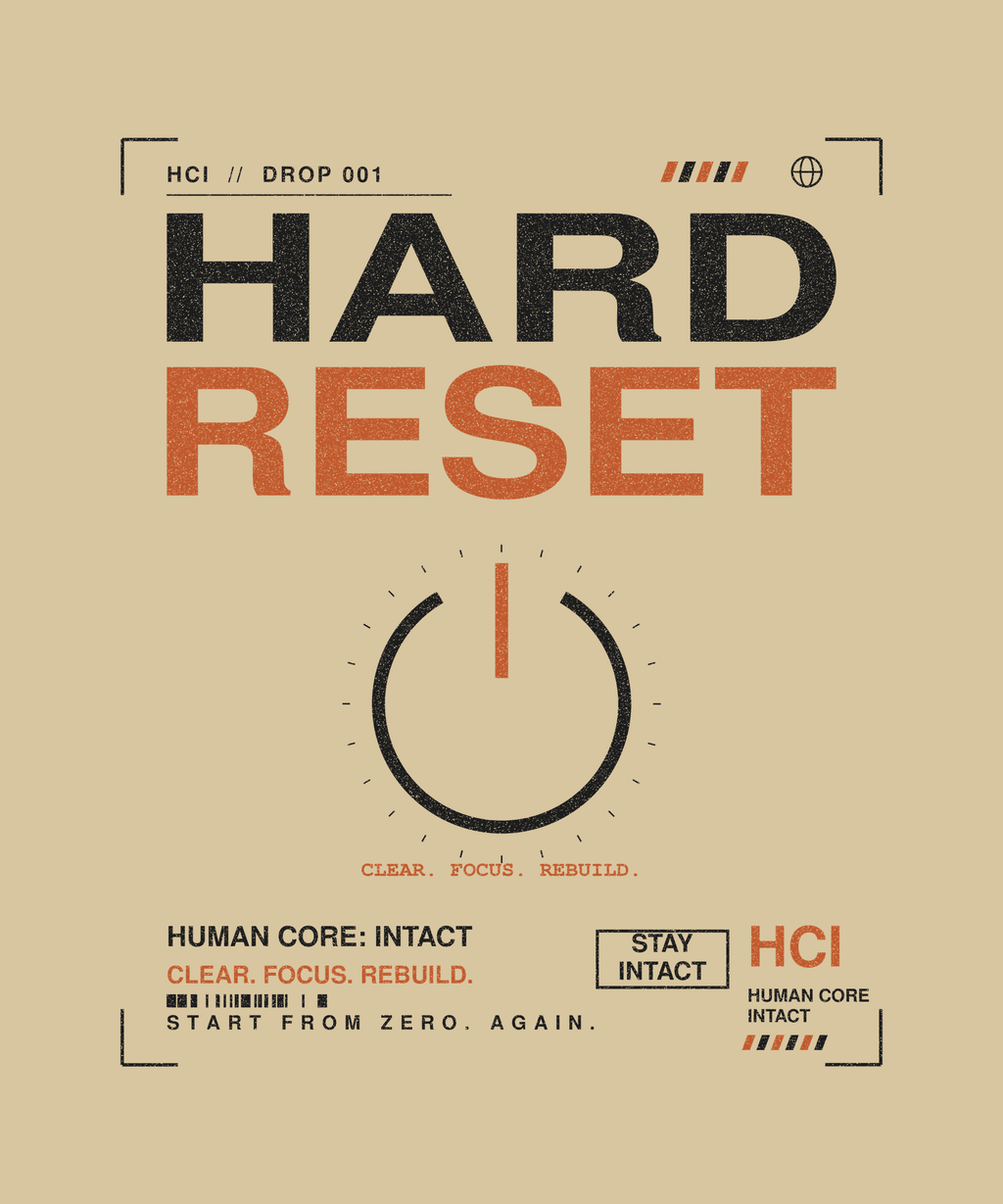 Hard Reset tee back print on sand — Human Core Intact Drop 001