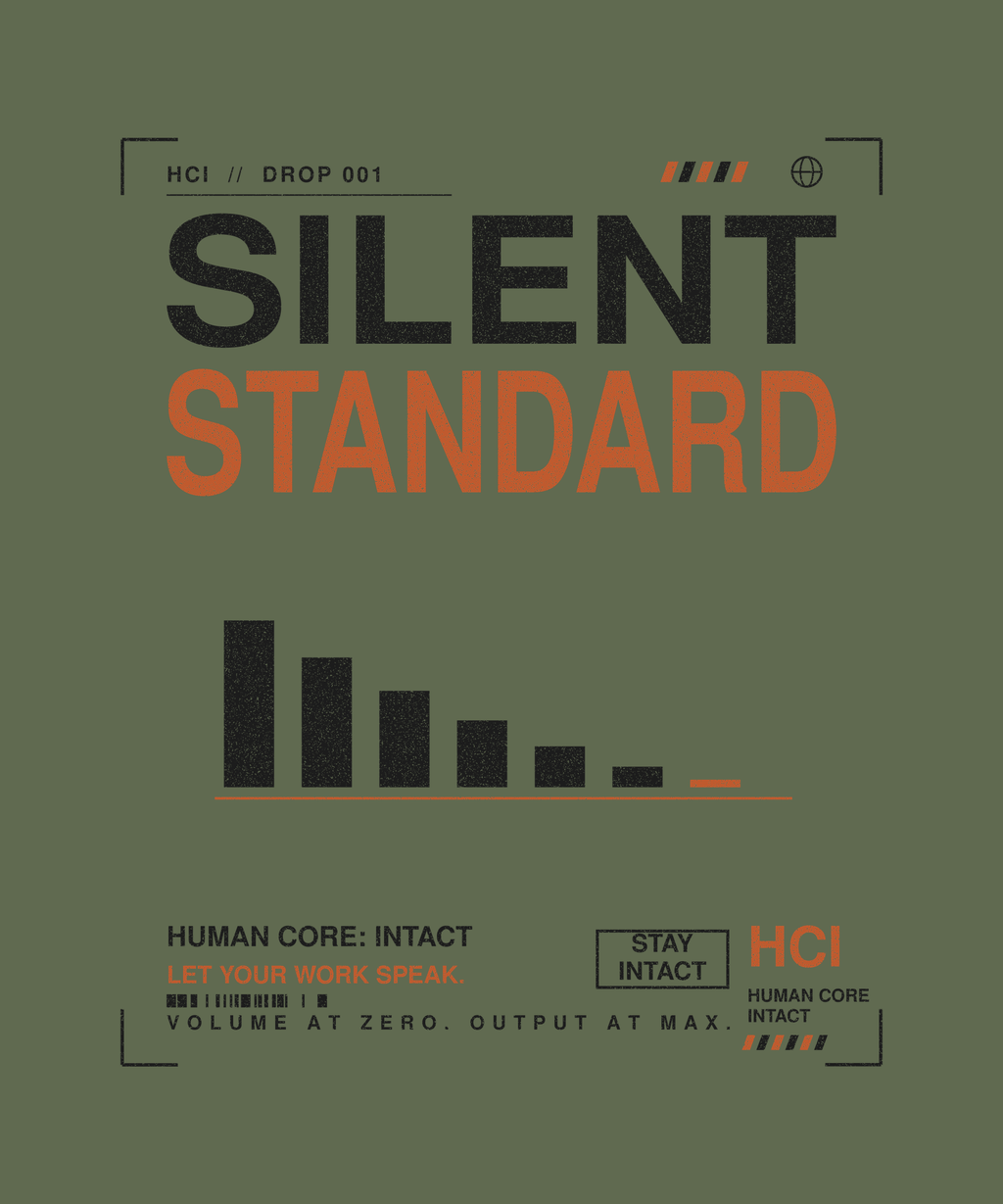 Silent Standard tee back print on military green — Human Core Intact Drop 001