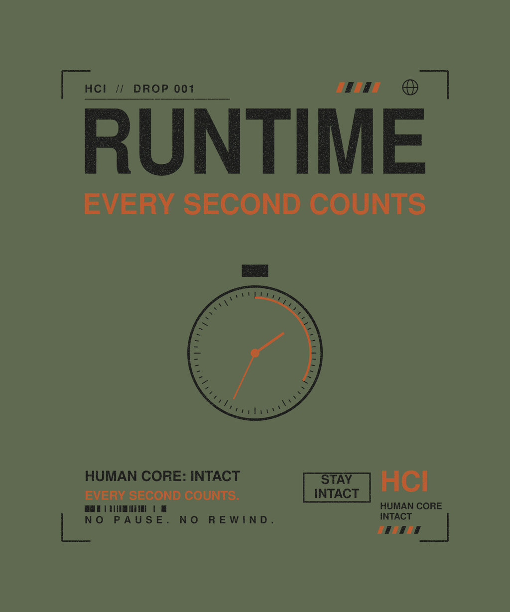 Runtime tee back print on military green — Human Core Intact Drop 001